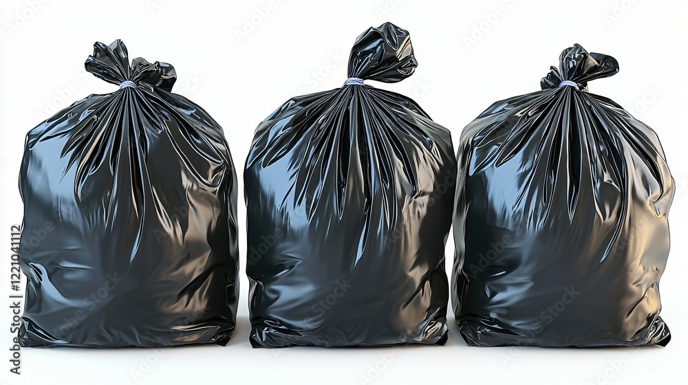 Three black plastic garbage bags in a row, isolated on white background, for waste disposal Three black plastic garbage bags in a row, isolated on white background, for waste disposal