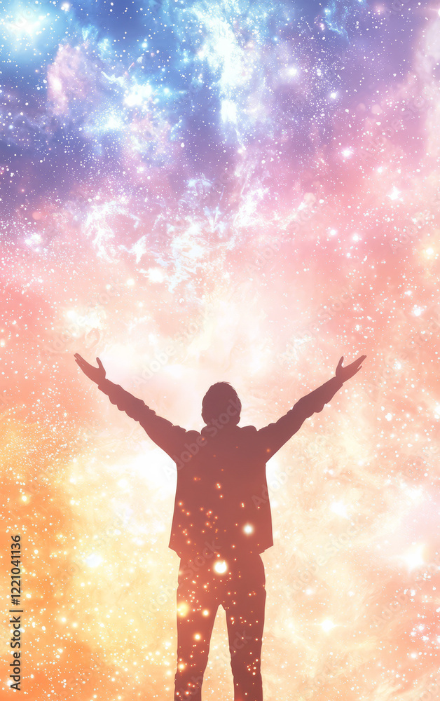 Reaching for the Stars: A silhouette of a person with arms outstretched against a cosmic backdrop of swirling galaxies, vibrant hues, and twinkling stars, symbolizing hope, aspiration. Reaching for the Stars: A silhouette of a person with arms outstretched against a cosmic backdrop of swirling galaxies, vibrant hues, and twinkling stars, symbolizing hope, aspiration.