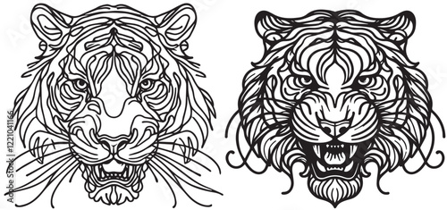A black and white drawing of a tiger head set with white background vector