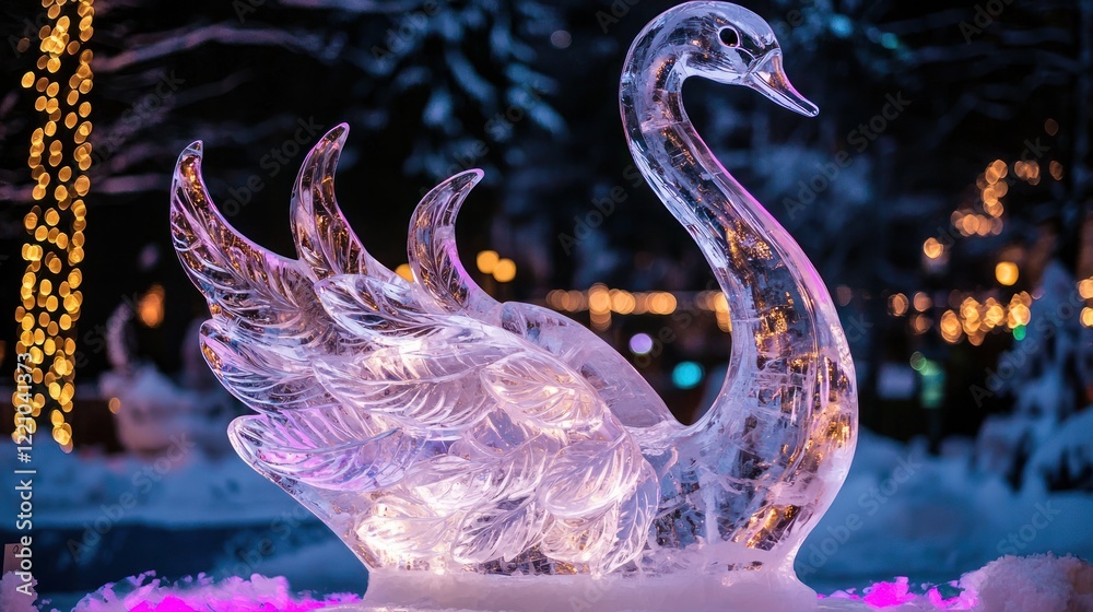 Naklejka premium A beautiful ice sculpture of a swan displayed at a winter festival with colorful lights in the background