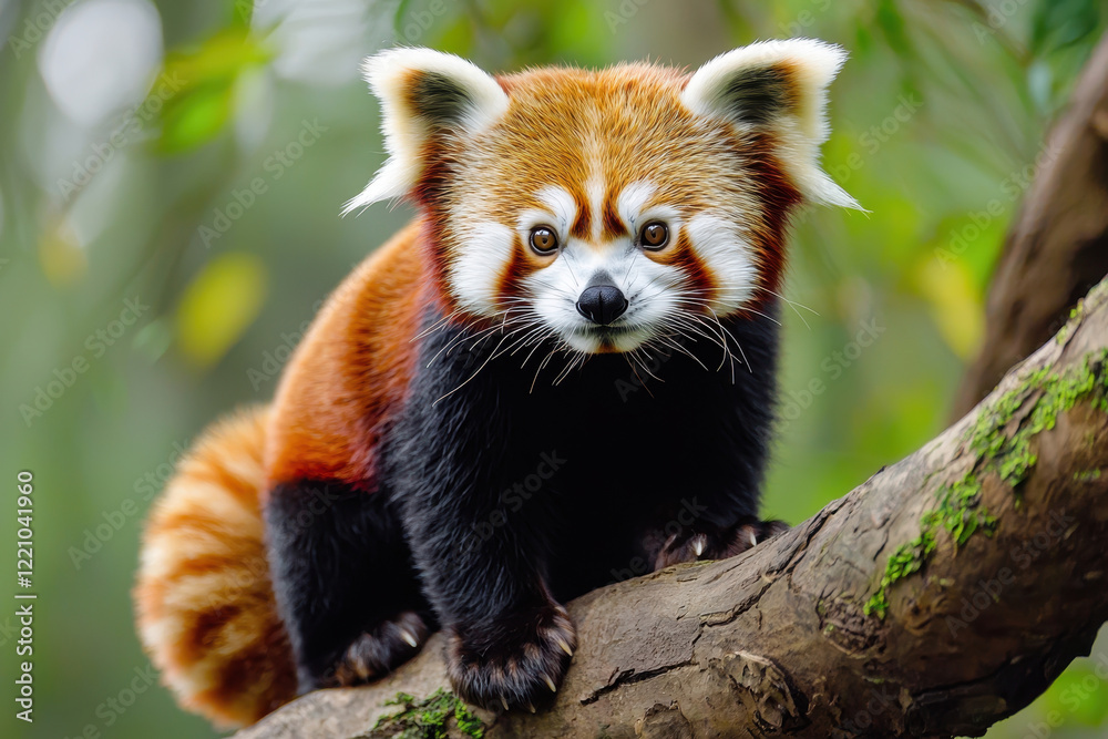 Fototapeta premium Adorable red panda perched on a tree branch in a lush green environment.