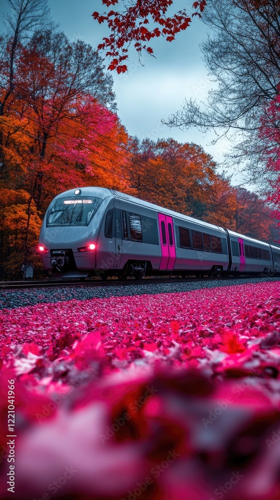 Obraz premium Modern Train in Vibrant Autumn Forest with Pink and Orange Leaves