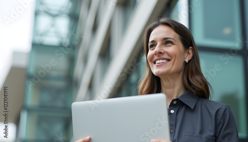 Wallpaper Mural Smiling woman holding laptop outside modern building Torontodigital.ca