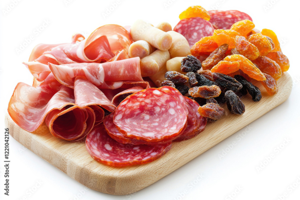 An aesthetically arranged platter of various meats and dried fruits on a wooden board. An aesthetically arranged platter of various meats and dried fruits on a wooden board.