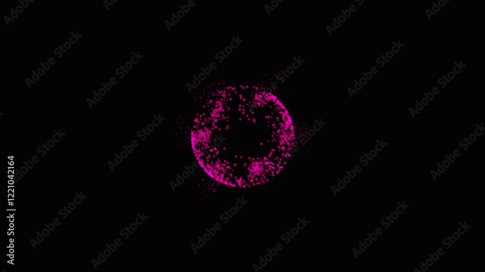 Sphere circle ball made of small luminous flying particles dots grains of sand snowflakes shiny bright festive. Magic energy orb of purple particles seamlessly rotating in the space. Technology.