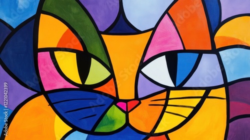 Abstract Colorful Cubist Style Cat Portrait Painting