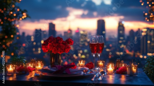 A romantic dinner set on a rooftop terrace with the city skyline in the background and roses on the table