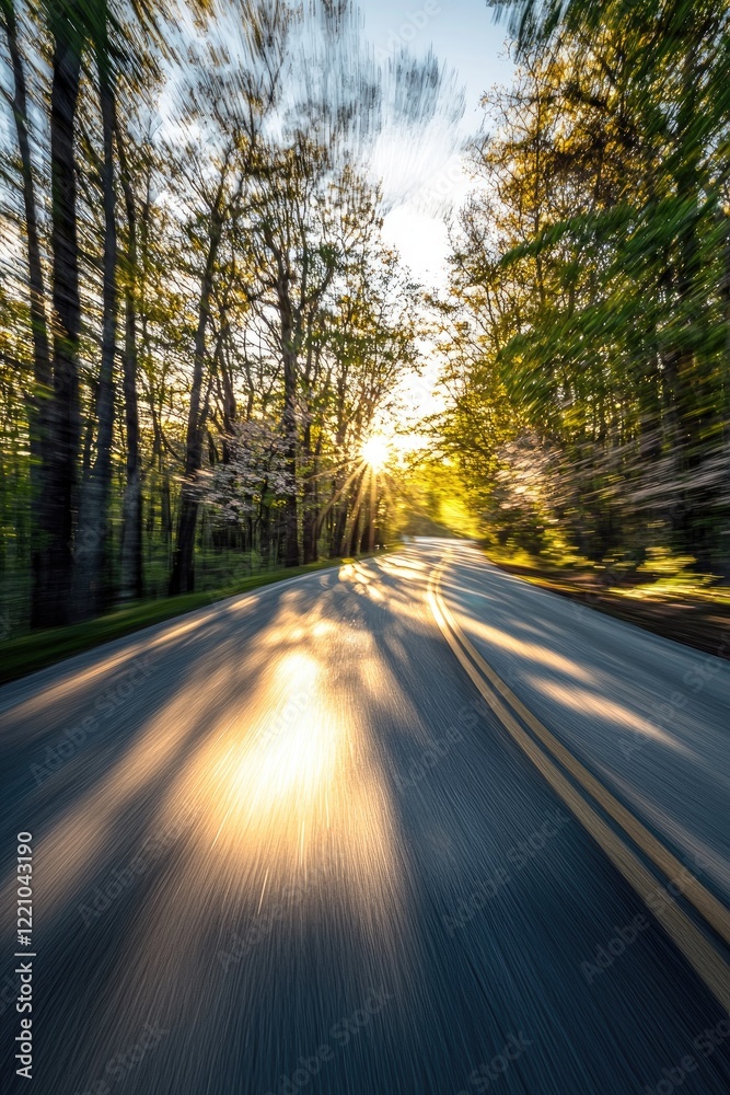 Obraz premium Sunlit Road Through A Forest Canopy At Sunset