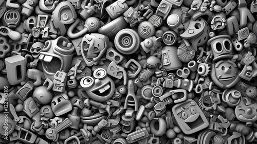 Monochrome 3D objects background, playful design, abstract texture, for website or game