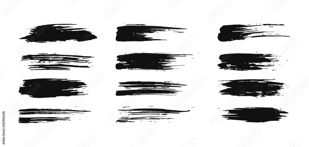 Dry brush strokes silhouette set isolated on white background. Ink stripes grunge texture. Dry brush strokes silhouette set isolated on white background. Ink stripes grunge texture.