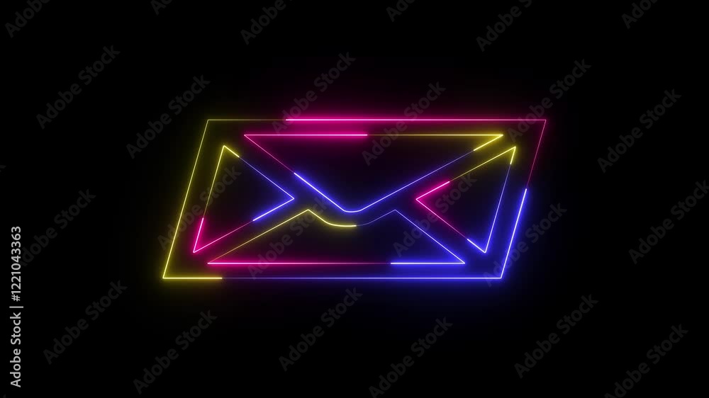 Glowing neon Mail envelope, incoming mail, Sending mail icon animation. Colorful message box animation icon. Receive message with conversation notice black background. Glowing neon Mail envelope, incoming mail, Sending mail icon animation. Colorful message box animation icon. Receive message with conversation notice black background.