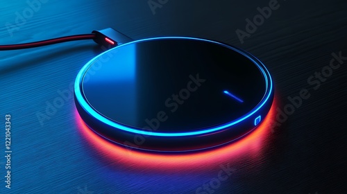 Mockup of a sleek wireless charger with a futuristic design and vivid LED accents