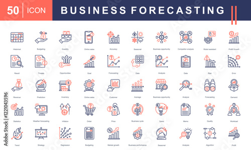 Icons for Business Forecasting, including budgeting, sales, analysis, prediction, trends, risks, opportunities, and profit growth. Perfect for financial and strategic projects.