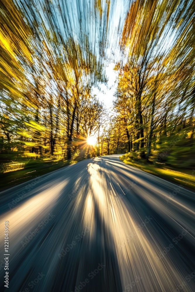 Fototapeta premium Autumn Road Sunset Drive Through Golden Trees