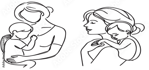Mother Son Silhouette Outline vector. Mother with child line art icon logo