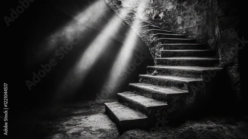 Old stone stairs, dark cellar, light beams, mystery, gothic photo