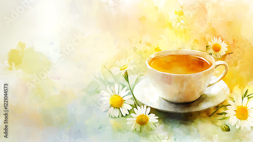 Fototapeta Naklejka Na Ścianę i Meble -  A relaxing chamomile tea cup with flowers and honey, soothing watercolor style 
