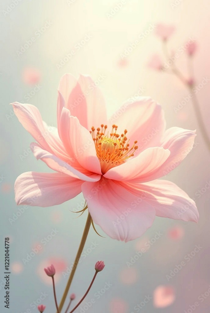 Fototapeta premium Cover design, postcard with delicate pink flower on light beige background, hand drawn floral illustration