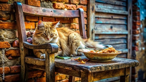 Street Cat Napping on Abandoned Chair by Brick Wall - Food Photography