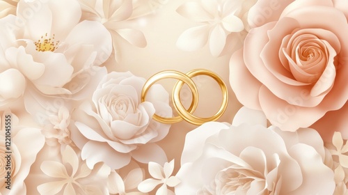 Fototapeta Naklejka Na Ścianę i Meble -  Golden Wedding Rings Among Delicate Paper Roses