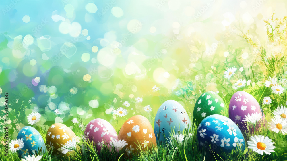 Colorful Easter eggs in vibrant spring meadow with flowers Colorful Easter eggs in vibrant spring meadow with flowers