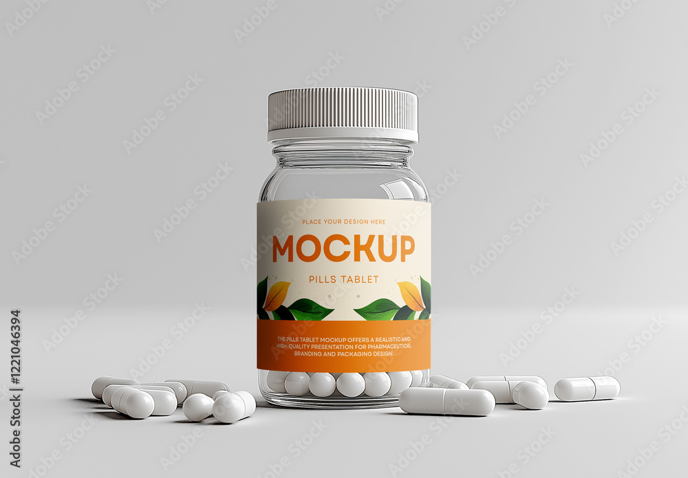 Pill Bottle Mockup – Realistic Supplement Jar Scene with Scattered ...