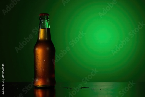 Backlit beer bottle against a dark green background with a few water drops on the glass, water droplet, dark green photo