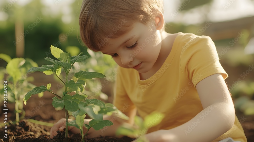 Child Planting Tree in Sunny Garden Representing Eco-Conscious Living Child Planting Tree in Sunny Garden Representing Eco-Conscious Living