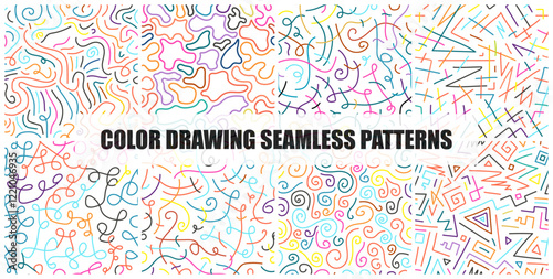 Collection of bright colorful drawing seamless patterns. Vector trendy vibrant unusual backgrounds. Textile endless prints