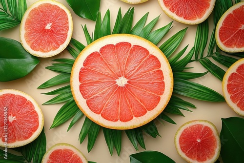 Vibrant Grapefruit Slices with Green Leaves on Soft Background