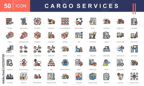 Icons for Cargo Services, featuring logistics, air cargo, delivery, warehousing, supply chain, packaging, tracking, international trade, and transport. Ideal for shipping and logistics projects.