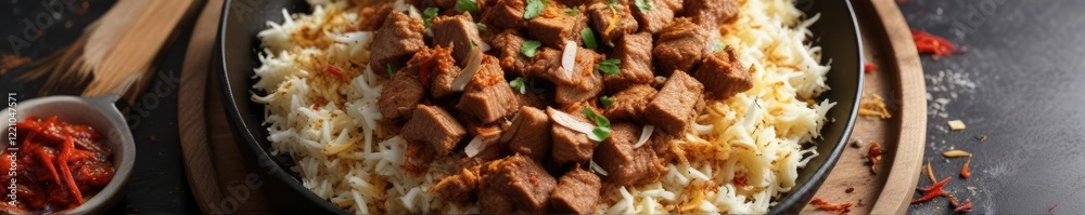 Beef strips coated in a mixture of spices and shredded coconut fried in a pan, restaurant quality, Asian inspired Beef strips coated in a mixture of spices and shredded coconut fried in a pan, restaurant quality, Asian inspired