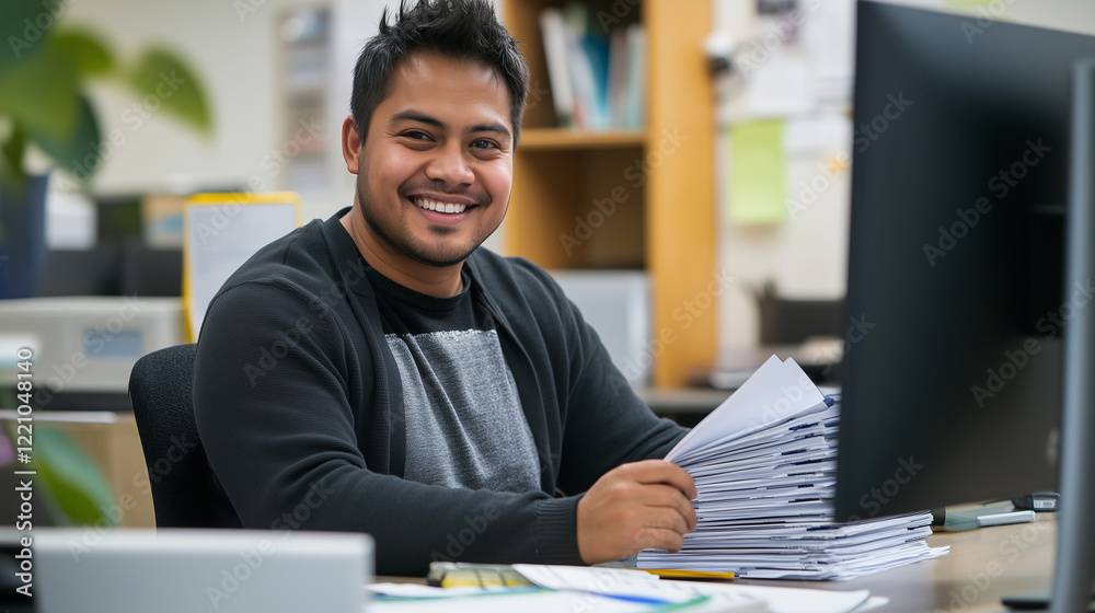 A smiling individual sitting at a shared workspace, reviewing a stack of financial documents A smiling individual sitting at a shared workspace, reviewing a stack of financial documents