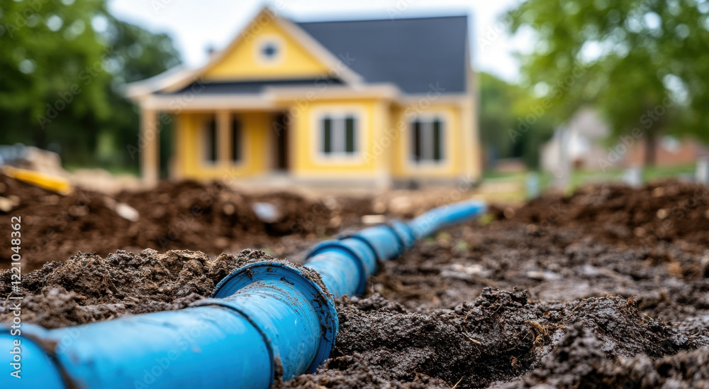 Underground water system installation process near a newly built house in a residential area