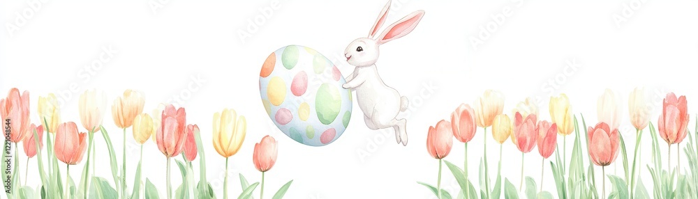 Naklejka premium A playful rabbit hopping with a colorful Easter egg and tulips.