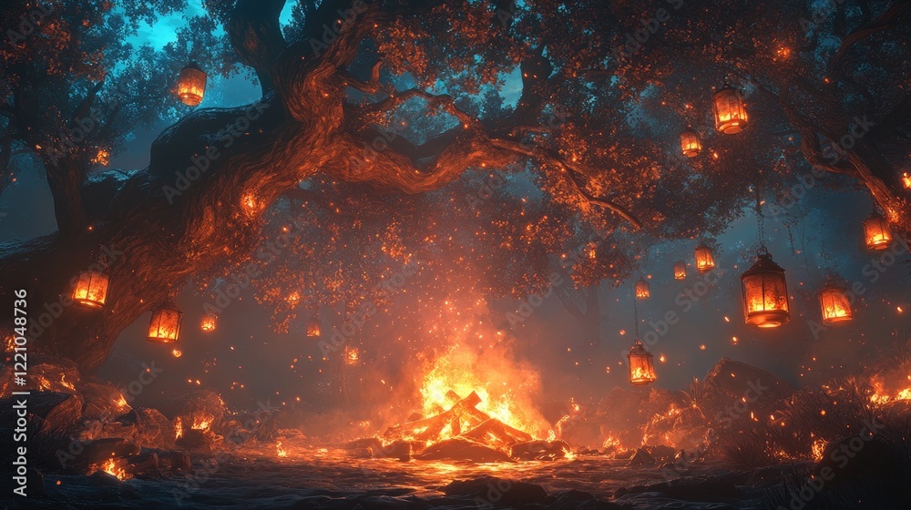 Enchanting Night Fire Underneath a Giant Tree With Lanterns Enchanting Night Fire Underneath a Giant Tree With Lanterns