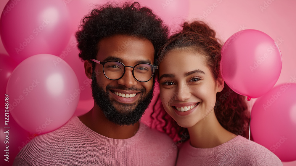 Young couple with balloon. Valentine's Day. Love Each Other. Sweetheart's Romantic Holiday Concept. Happy Relationship. Feelings Showing. Celebrating Date