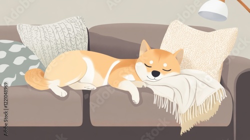 Amazing Siba dog sleep at sofa with cozy blanket and pillows at home. horizontal Illustration in cartoon flat style. photo