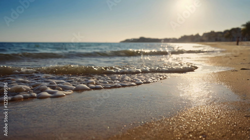 Waves on Beach, Sunset on the beach with waves and tropical coastline, Summer Vacation on Sandy Beach ocean blurred background