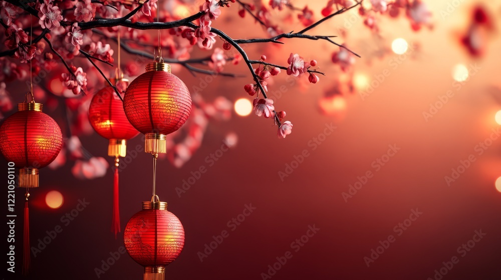 A minimalist Lunar New Year design with red lanterns and gold accents, soft glow, delicate patterns A minimalist Lunar New Year design with red lanterns and gold accents, soft glow, delicate patterns