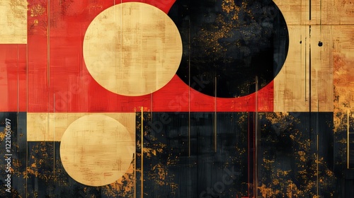 A stylish Lunar New Year pattern with red, gold, and black color scheme, abstract geometric shapes and lines