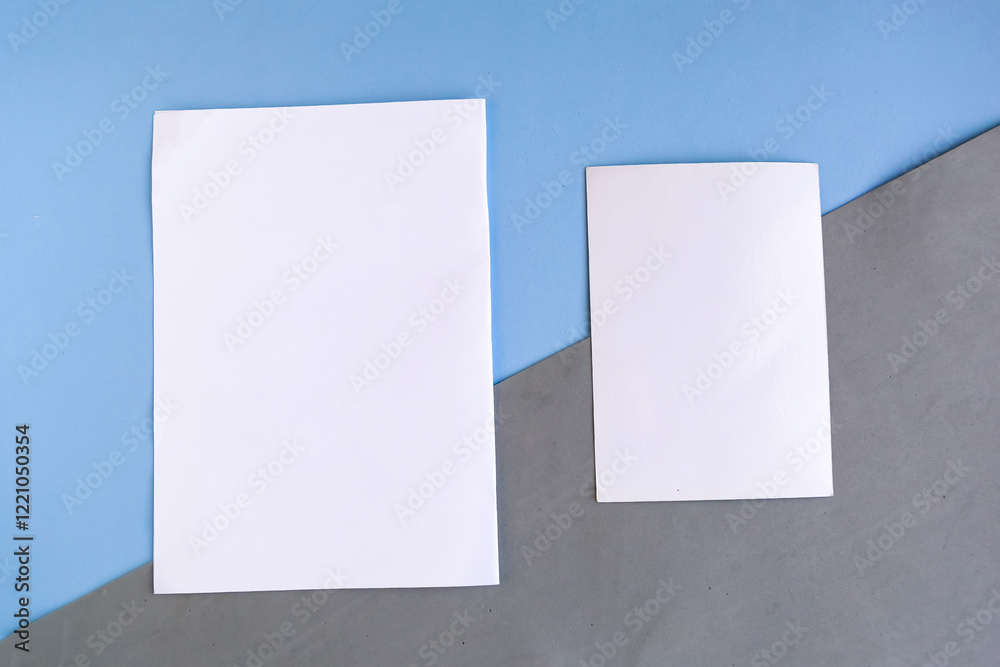 Two white mockup blanks on color geometric background, copy space for the text Two white mockup blanks on color geometric background, copy space for the text