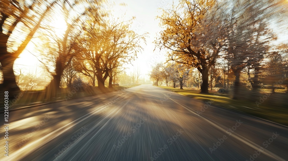 Fototapeta premium Golden Sunlight Illuminates Autumnal Roadway Through Trees