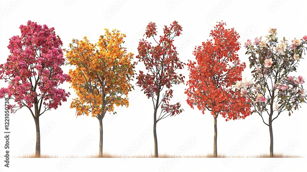 Five trees show varied seasonal foliage, from spring blooms to autumn colors against white Five trees show varied seasonal foliage, from spring blooms to autumn colors against white
