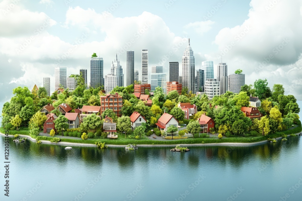 Fototapeta premium Eco-Friendly Urban Oasis Island with Nature and Skyscrapers in Harmony