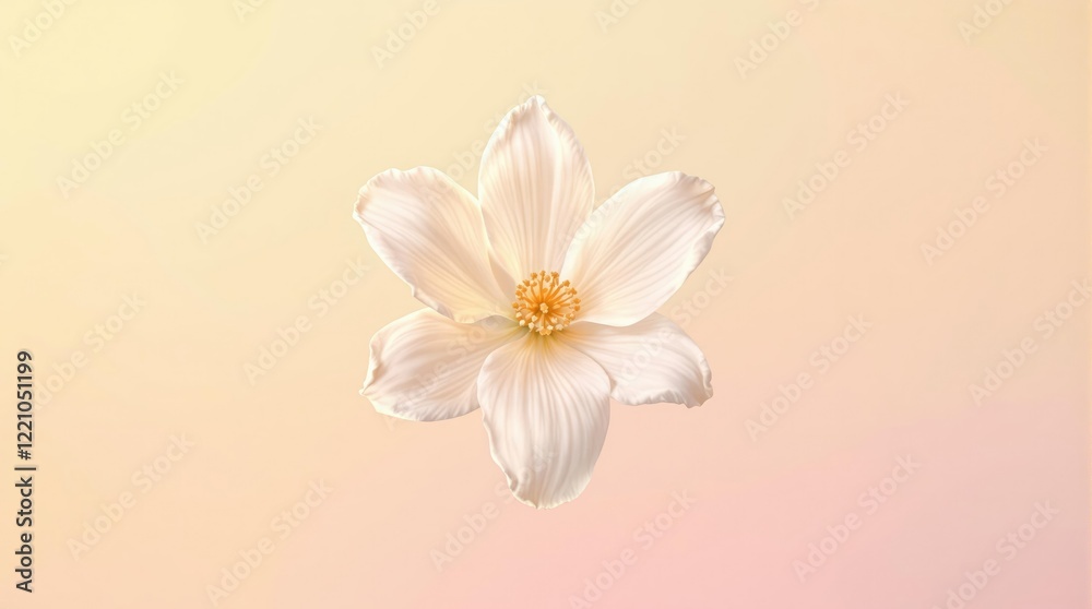 A close-up of a single white flower against a subtle gradient background featuring shades of pink and yellow, close-up flower, subtle beauty, gentle, pastel colors, abstract background A close-up of a single white flower against a subtle gradient background featuring shades of pink and yellow, close-up flower, subtle beauty, gentle, pastel colors, abstract background