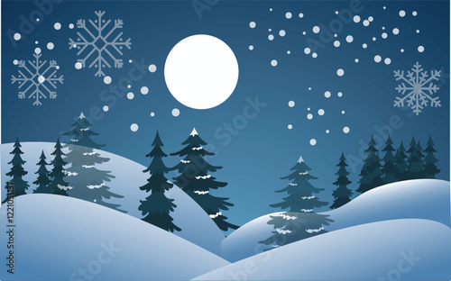 Beautiful snowflakes wallpaper. Snowflakes January February theme. Snowy nature landscape. Snowflakes on blue background. Magic nature fantasy Moon lite night. Snowfall weather background