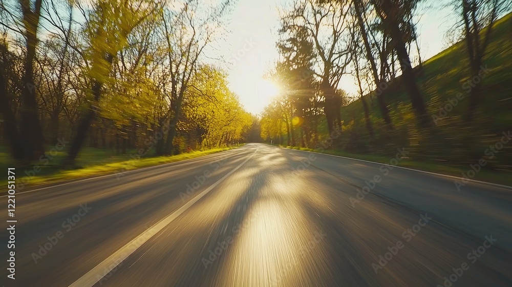 Fototapeta premium Sunlit Road Through Springtime Trees During a Drive