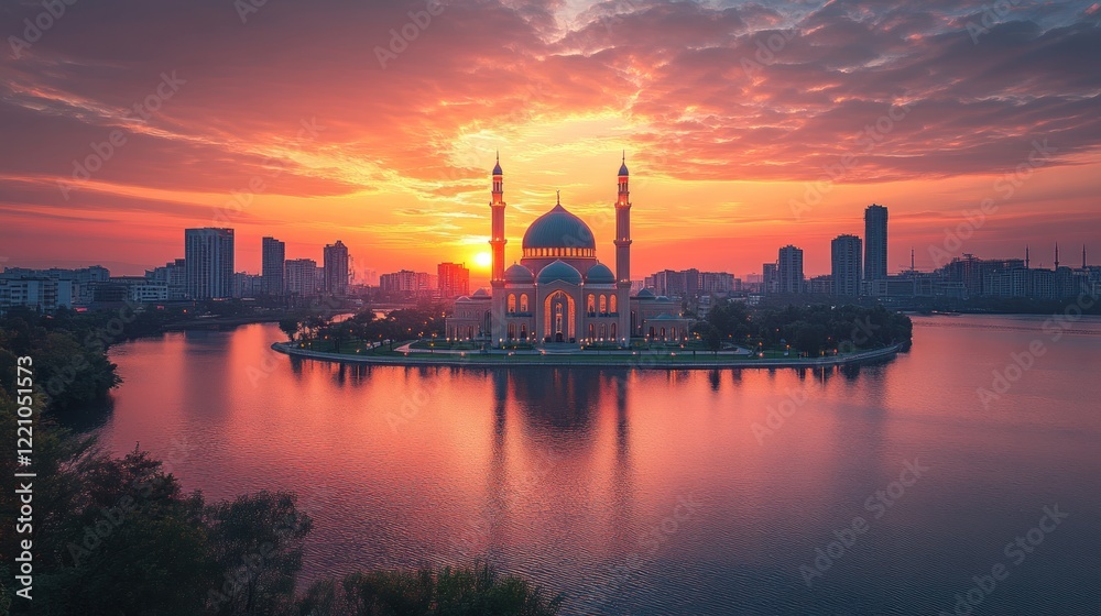 Fototapeta premium Majestic Mosque Sunrise Cityscape Scenic View