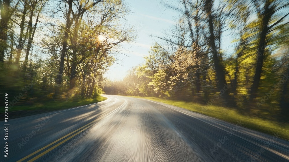Fototapeta premium Winding Road Through Lush Green Forest Sunlight